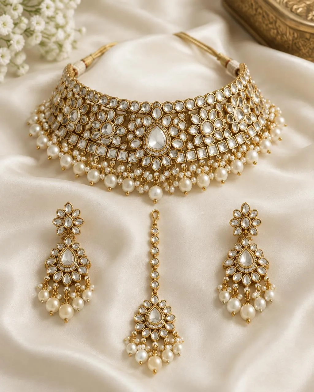 Kundan-style jewellery set on ivory silk